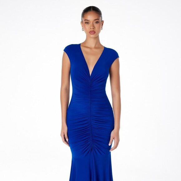 New Sheath Evening Maxi Ruched Dress w/ Cap Sleeves & Deep V-Neckline CD T2009 - Picture 1 of 10